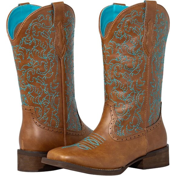Tan Cowboy Boots For Women Wide Square Toe Mid Calf Ladies Western Cowgirl Boots - Picture 9 of 9